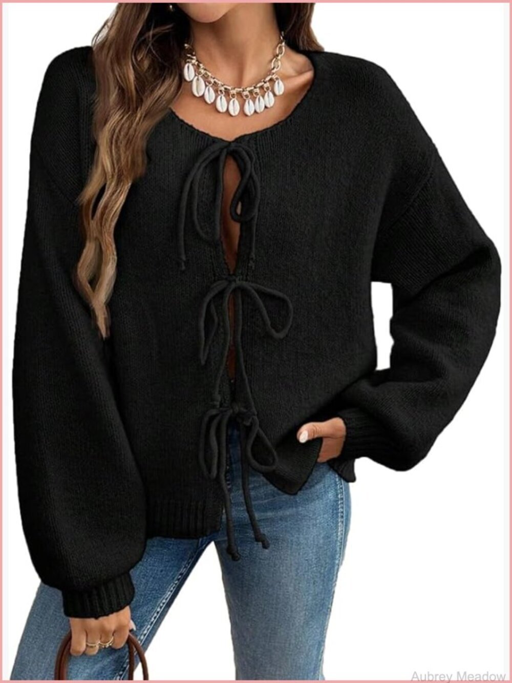 Bow Tie Front Long Sleeve Open Front Cardigan Crew Neck Knit Top